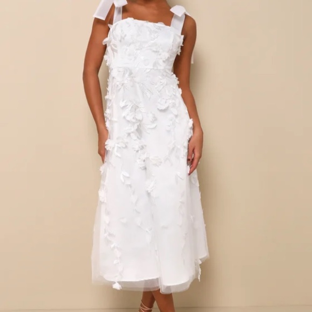 Lulu's White 3D Floral Midi Dress with Tie Straps